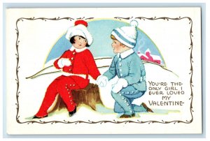 c1905 Valentine Christmas Girl And Boy Bended Knee Winter Snow Antique Postcard