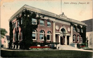 Postcard IL Freeport Children in Front of Ivy-Covered Public Library 1908 M22