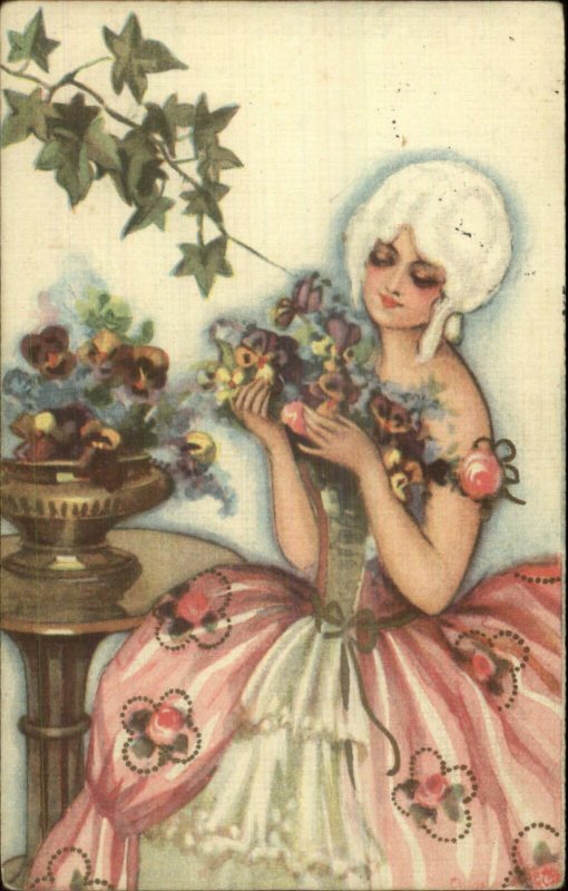 Chiostri #202 Beautiful Woman Powdered Wig Flowers c1920s Postcard