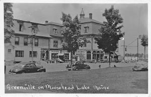 Greenville on Moosehead Lake ME Storefronts Old Cars Real Photo Postcard