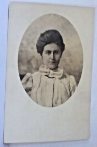 Uhrichsville OH Ohio  Stiers Studio cabinet card Woman with large bow tie RPPC 