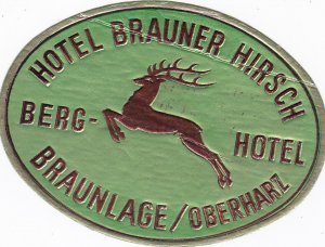 Germany Braunlage Hotel Brauner Hirsch Vintage Luggage Label sk2592