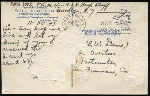 Hotel Stockton, Stockton, California. 1943 Curt Teich linen postcard. Old autos