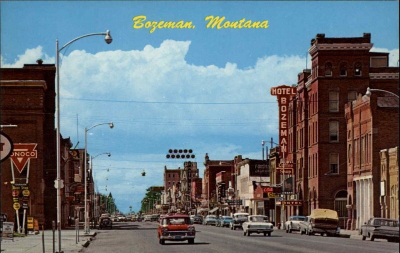 Bozeman Montana MT Classic 1950s Cars Sunoco Street Scene Vintage Postcard