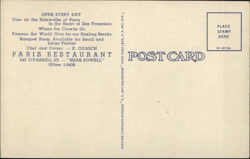 San Francisco CA Paris Restaurant Linen Advertising Postcard