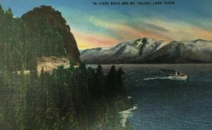 US 50 Lake Tahoe Cave Rock and Mt. Tallac Postcard Linen Boat