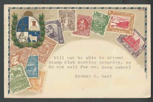 Ca 1904 Uruguay 1890's Stamp Set Portrayed On Posted Card W/Coat Of Arms