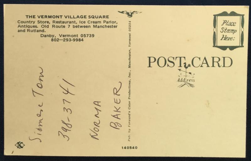 Postcard Unused Vermont Village Square Danby VT LB