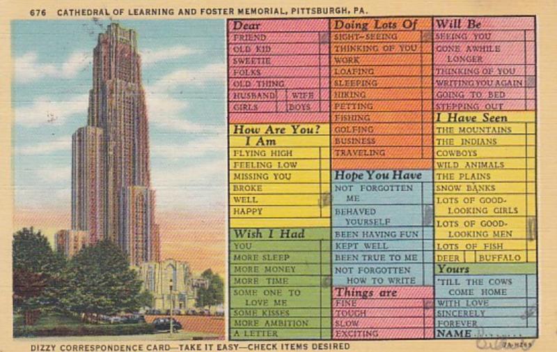 Humour Busy Persons Correspondence Card Cathedral Of Learning Pittsburgh 1945...