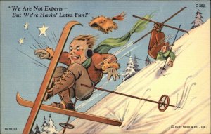 Man and Woman Skiing Accident Skiers Curt Teich Linen Vintage Postcard