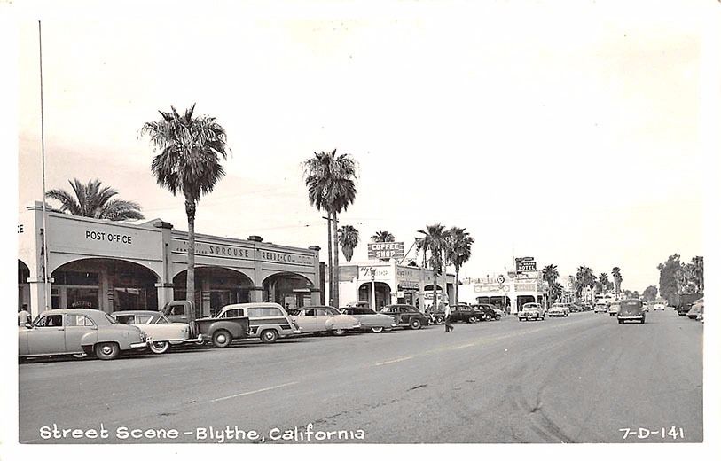 Blythe CA Street View Post Office Store Fronts Woodie Old Cars RPPC