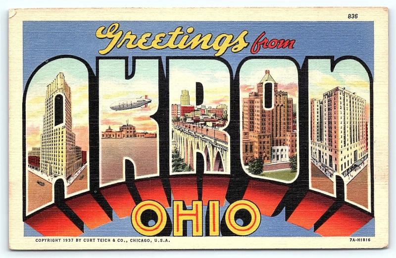 Postcard OH Akron Large Letter Greetings from Akron Ohio