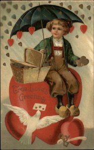 Valentine Little Dutch Boy with Umbrella Fantasy Int'l Art c1910 Postcard