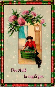 Vintage Gottschalk Woman Bobbing Apples & Black Cat Antique Halloween Postcard