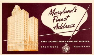 Baltimore Maryland 1950s Postcard Lord Baltimore Hotel