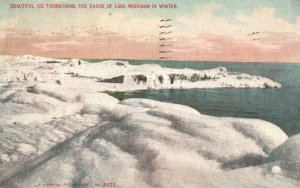 Vintage Postcard 1911 Beautiful Ice Formations Shore of Lake Michigan in Winter