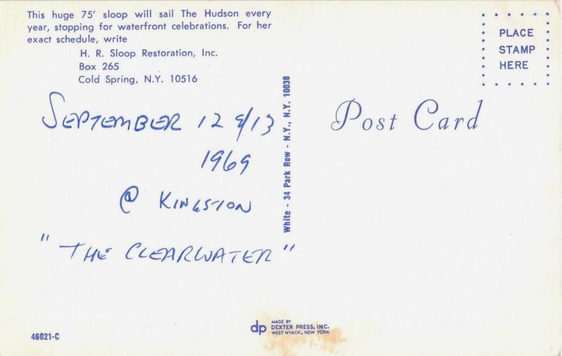 HUDSON RIVER SLOOP~REPLICA MID-19th CENTURY CARGO SLOOP-SAILBOAT POSTCARD 1960s