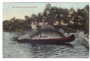 Fishing Is Excellent Here, Exaggerated Fish, Canoe, Fisherman, 1913 Postcard