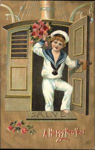 New Year Little Boy in Sailor Uniform in Ship Cabin c1910 Vintage Postcard