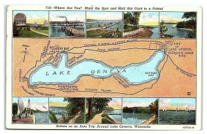 Lake Geneva, WI Map Postcard *7E(2)3