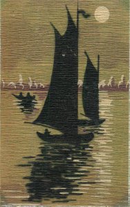 Hand paint tree bark sailing boats silhouette art postcard Brighton & Hove 1946