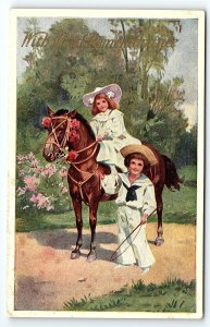 c1910 WITH KIND REMEMBRANCE VICTORIAN CHILDREN SAILOR HORSE POSTCARD P2754