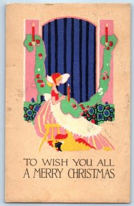 1911 Christmas Girl Candle Light Arts Crafts Volland Urbana Ohio OH Postcard