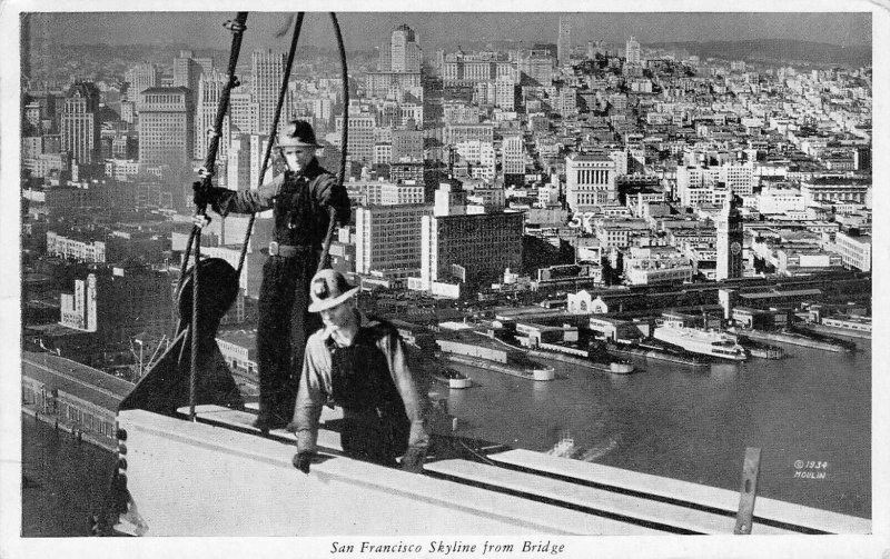 San Francisco Skyline from Bridge Construction Bay Bridge 1937 Vintage Postcard