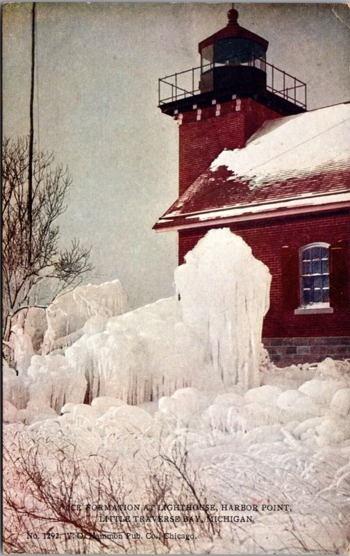 Postcard Ice Formation at Lighthouse Harbor Point Little Traverse Bay, Michigan 