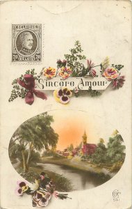 Flowers & plants greetings postcard Belgium church village landscape 1923