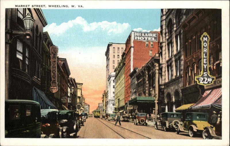 Wheeling West Virginia WV Market Street Trolley Streetcar Vintage Postcard