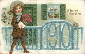 New Year 1910 Flower Gate Little Boy with Letter Vintage Fashion Postcard