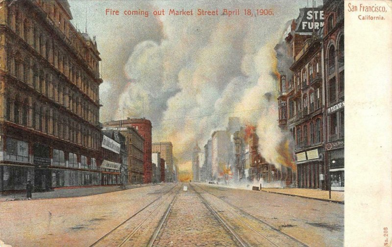 SAN FRANCISCO, CA Fire coming out Market Street 1906 Earthquake Vintage Postcard