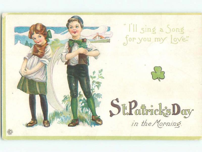 Pre-Linen st. patrick's CUTE IRISH GIRL WITH GREEN BOW BESIDE BOY J4190