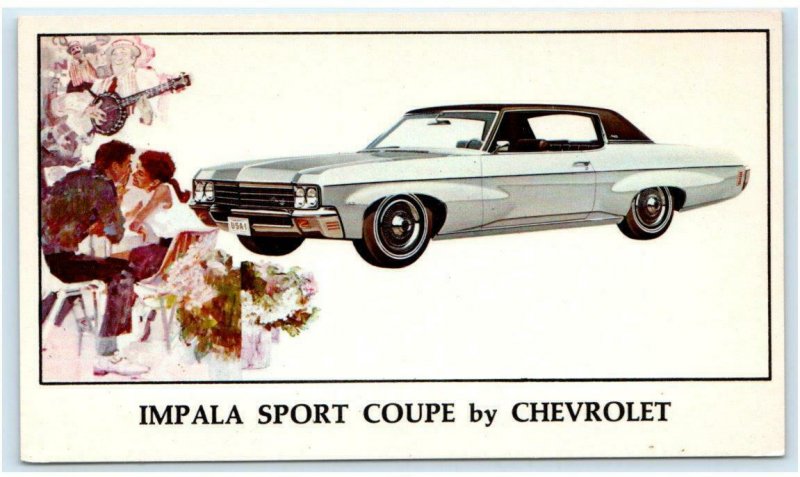 CHEVROLET IMPALA SPORT COUPE c1970 Banjo Player, Couple Advertising Postcard