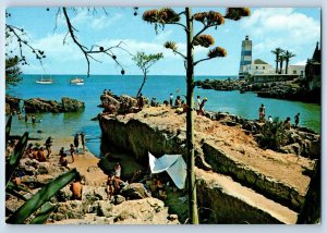 Cascais Portugal Postcard View of Lighthouse Steamer and Sea c1950's Vintage