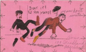 J58/ Hand-Made Hand-Colored Postcard c1910 Man Kicking Man358 