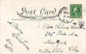 Antique Christmas Postcard with Children & Tree, Embossed Holly Design