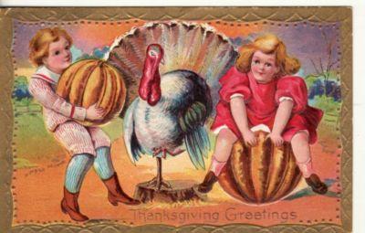 THANKSGIVING   TURKEY / BOY & GIRL with LARGE PUMPKINS  1...