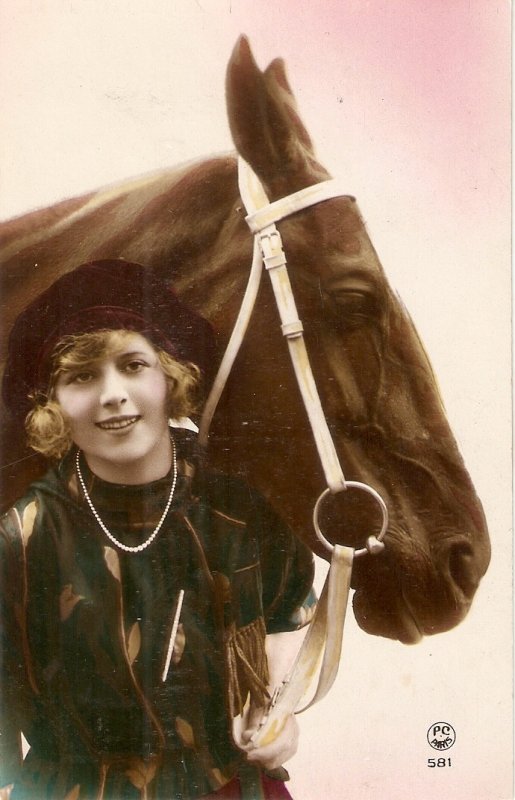 Pretty lady with her horse Nice old vintage French postcard