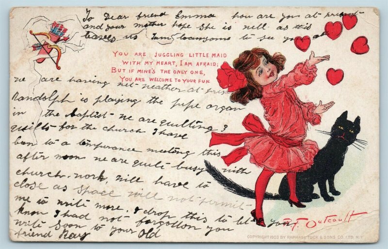 Postcard Artist Signed Outcault Juggling Little Maid Black Cat Valentines AA13