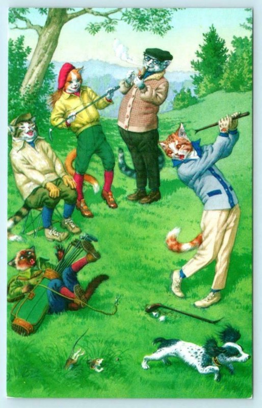 MAINZER DRESSED CATS Kittens  Anthropomorphic GOLFING 4757 Turkey Postcard