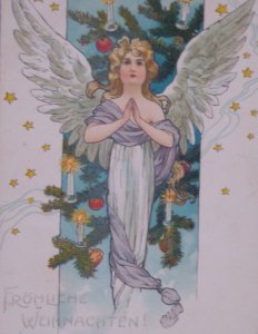 1905 Art Nouveau Angel Tree Candles Vintage Christmas Postcard German