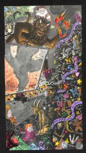 Early Flying Rabbit 3 Postcard Installment Krampus Santa Claus Tree