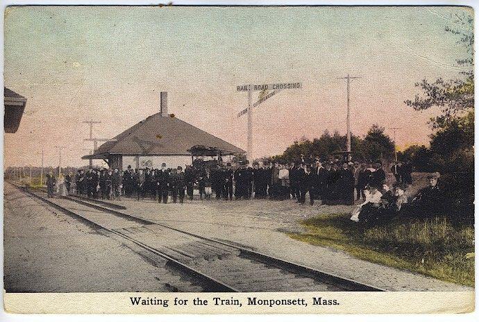 Monponsett MA Railroad Station Train Depot Large Crowd Postcard