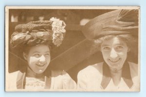 c. 1910 2 Goofy Beautiful Ladies in Big Hats Real Photo Postcard RPPC 