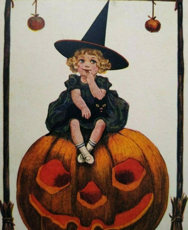 Vintage Halloween Postcard Little Witch Sits On GIANT Pumpkin Series 182 Ullman  