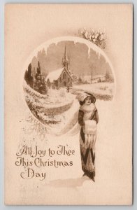 Christmas Greetings Beautiful Edwardian Woman In Snow Church Postcard T25