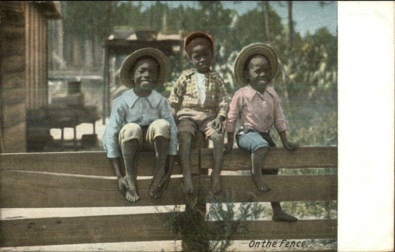 Black Americana Kids Sitting on Wooden Fence c1905 Postcard