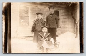 RPPC Young Kids with Sled in the Snow CYKO 1904-1920s VTG Postcard 1427